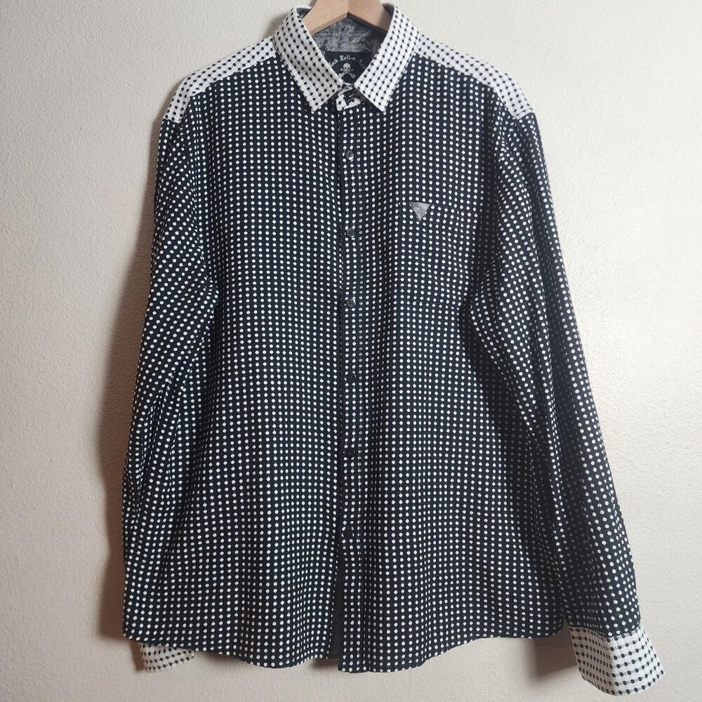 Rock Roll-n-Soul Shirt Mens 2XL Black White Polka Dot Contrast Cuff Western